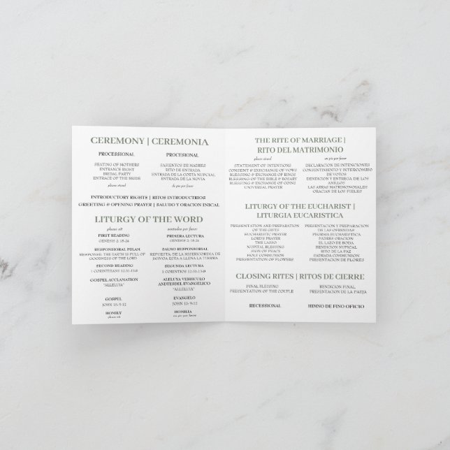 Bilingual Catholic Mass Wedding Program, Greenery  Letterpress Thank You Card (Inside)