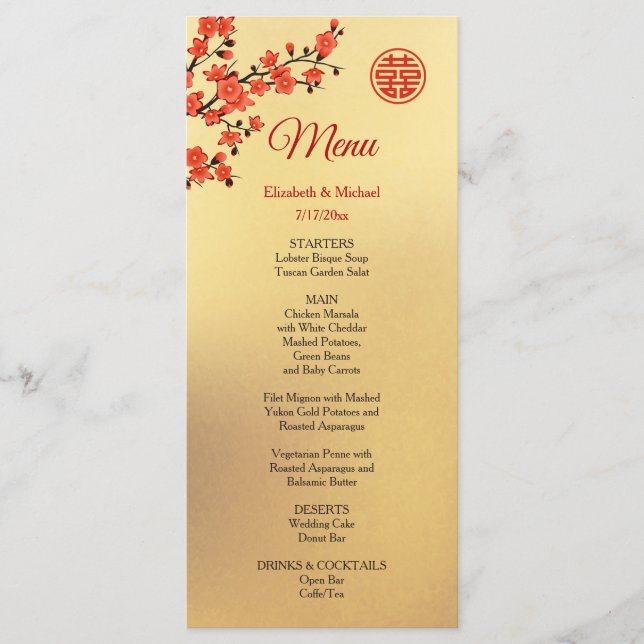 BILINGUAL Cherry Blossom Gold Chinese Wedding  Menu (Front)