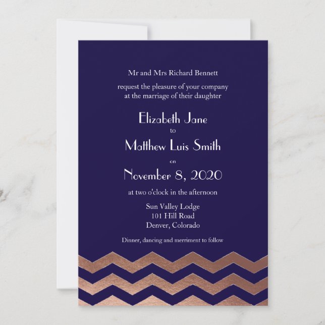 Bilingual Chic Rose Gold Chevron Wedding Invite (Front)