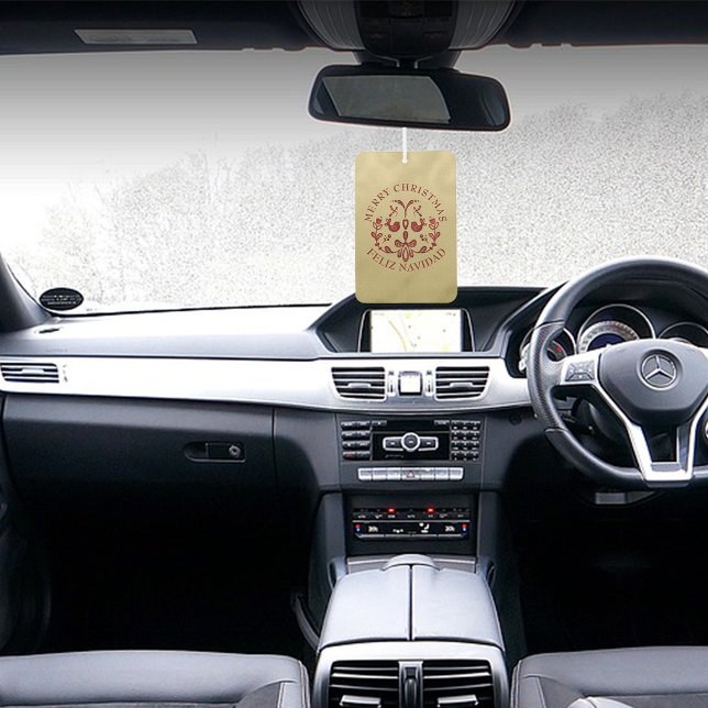 Bilingual Christmas Spanish Gold Burgundy Birds Air Freshener (Bungurdy Birds Christmas Bilingual Spanish Air freshener, custom text. Multilingual Project)