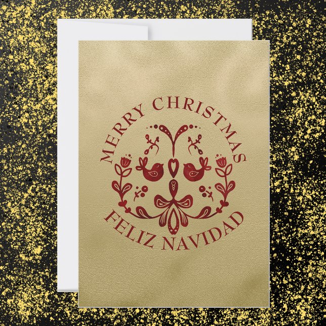 Bilingual Christmas Spanish Gold Burgundy Birds Holiday Card (Bilingual Golden & burgundy holiday card, Custom text in Spanish. multilingual Project)