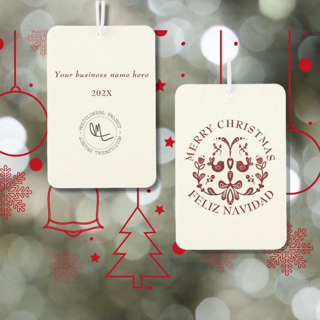 Bilingual Christmas Spanish Text Burgundy Birds Air Freshener (Christmas business bilingual air freshener, custom text & language. Marketing. Multilingual Project)