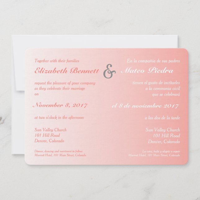 Bilingual Coral Ombre Wedding Invitation (Front)