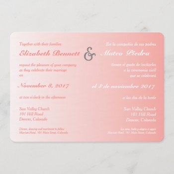 Bilingual Coral Ombre Wedding Invitation by Bilingual_Designs at Zazzle