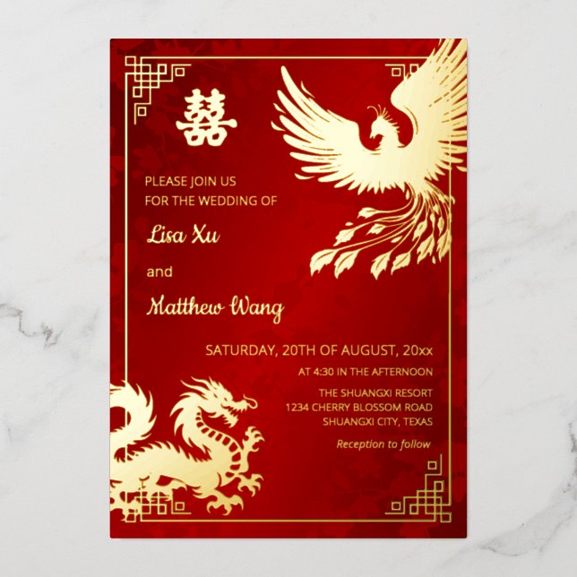 BILINGUAL Dragon And Phoenix  | Chinese Wedding Foil Invitation (Front)