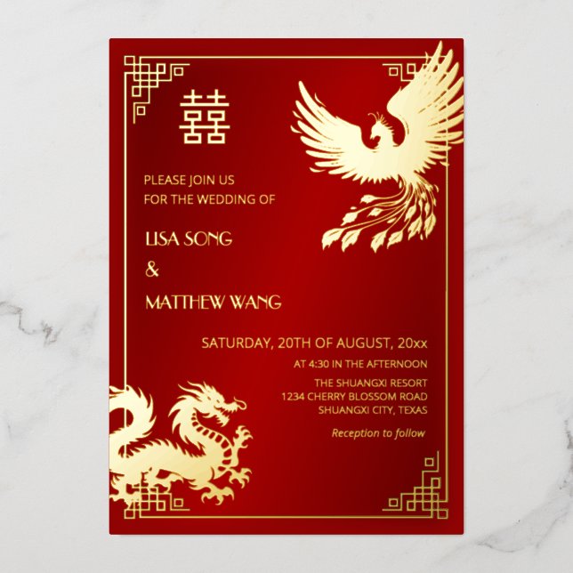 BILINGUAL Dragon And Phoenix  | Chinese Wedding Foil Invitation (Front)
