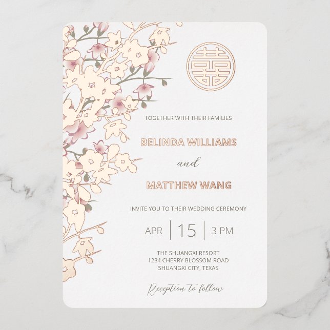 BILINGUAL Dusty Pink Rose Gold Chinese Wedding Foil Invitation (Front)