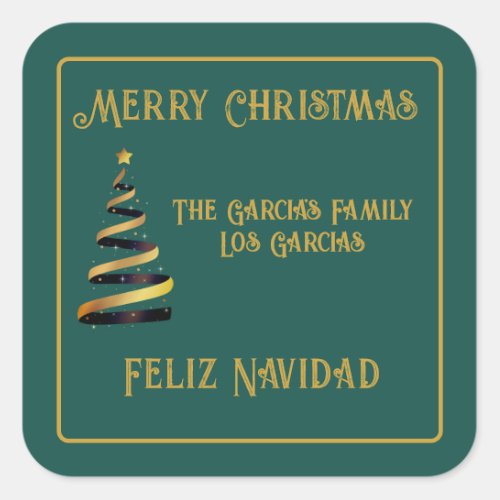 Bilingual Feliz Navidad Christmas Green Golden  Square Sticker