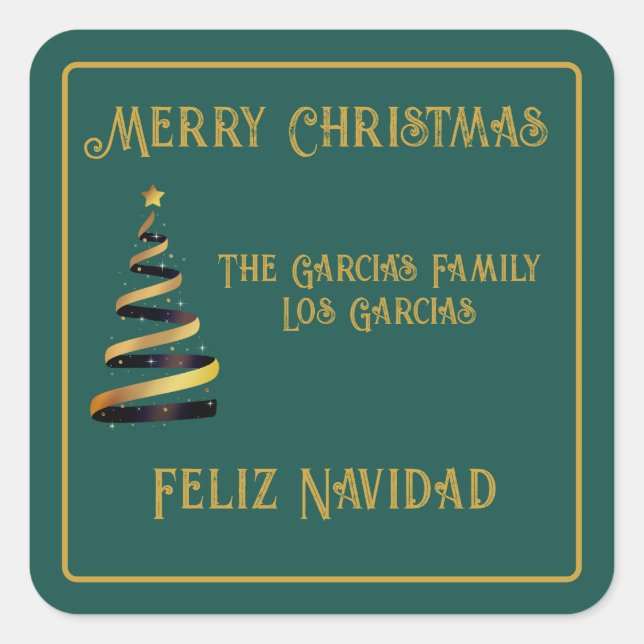 Bilingual Feliz Navidad Christmas Green Golden  Square Sticker (Front)