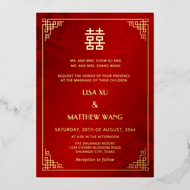  BILINGUAL Gold Frame  Geometric Chinese Wedding Foil Invitation (Front)