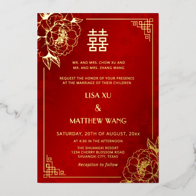  BILINGUAL Gold Frame Peony Chinese Wedding Foil Invitation (Front)