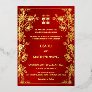  BILINGUAL Gold Frame Red Chinese Wedding Foil Invitation
