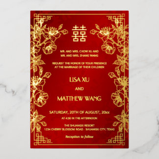 BILINGUAL Gold Frame Red Chinese Wedding Foil Invitation