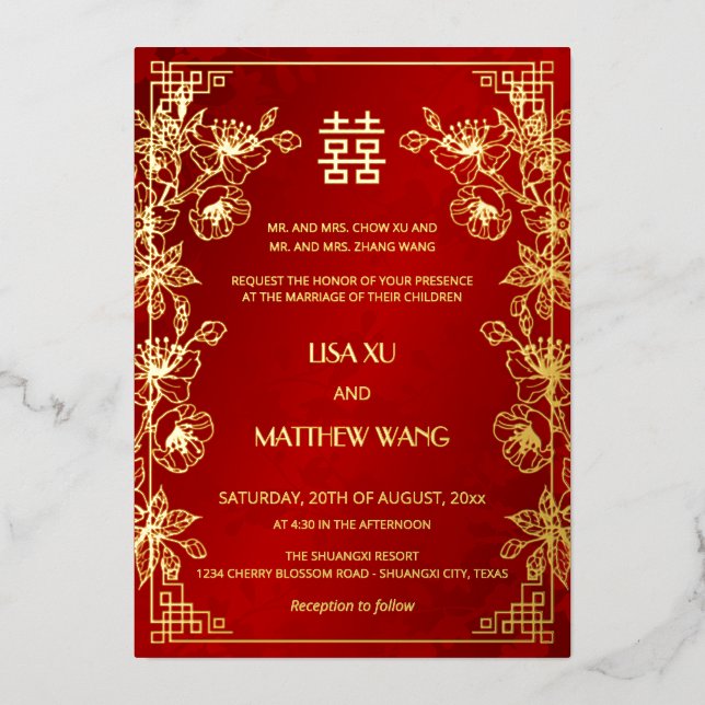  BILINGUAL Gold Frame Red Chinese Wedding Foil Invitation (Front)
