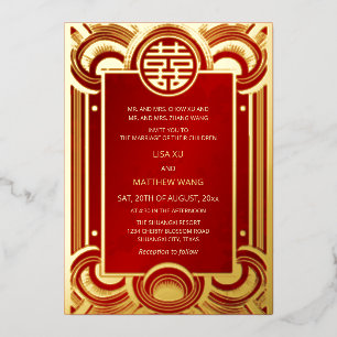  BILINGUAL Gold Frame Red Chinese Wedding Foil Invitation