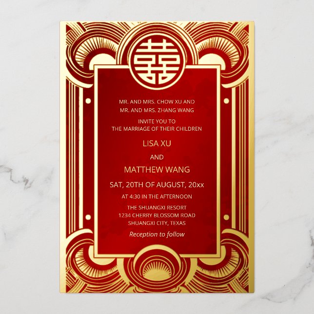  BILINGUAL Gold Frame Red Chinese Wedding Foil Invitation (Front)