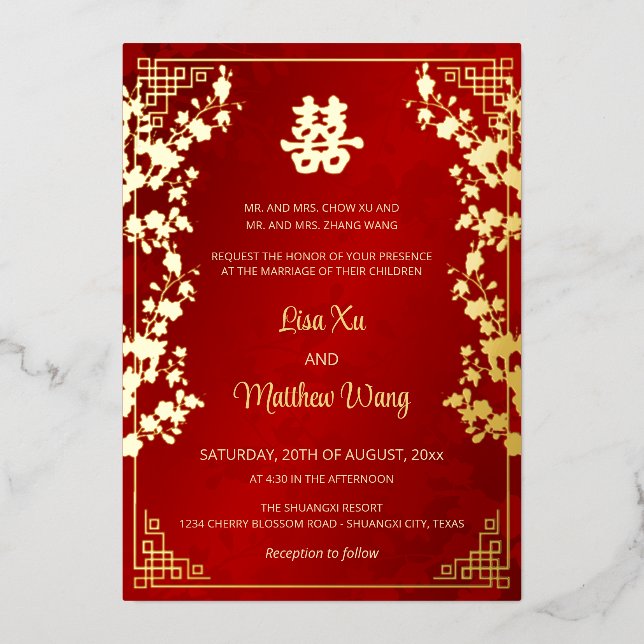  BILINGUAL Gold Frame Red Chinese Wedding Foil Invitation (Front)