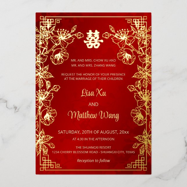  BILINGUAL Gold Frame Red Chinese Wedding Foil Invitation (Front)