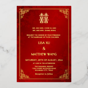  BILINGUAL Gold Frame Red Chinese Wedding Foil Invitation
