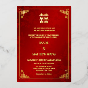 BILINGUAL Gold Frame Red Chinese Wedding Foil Invitation