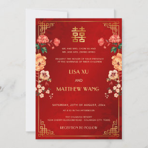  BILINGUAL Gold Frame Red Chinese Wedding Invitation