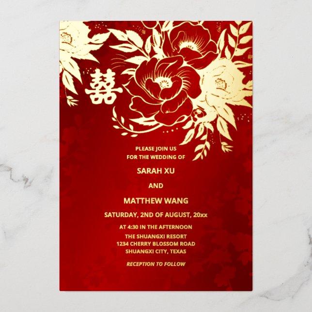 BILINGUAL Gold Roses Chinese Wedding Foil Invitation (Front)
