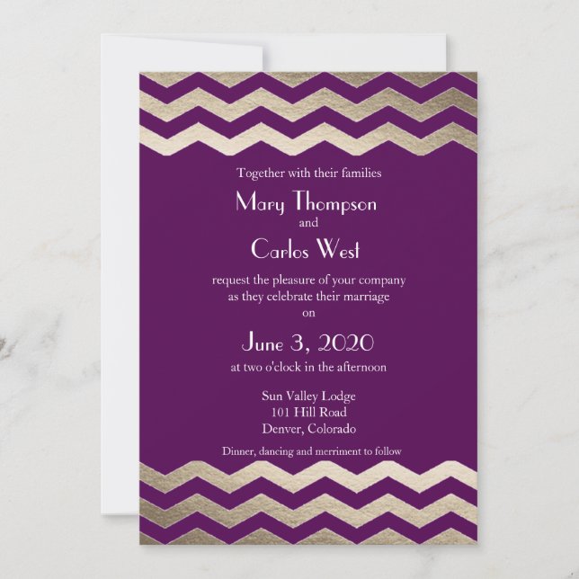 Bilingual Gold Shimmer Chevron Wedding Invitation (Front)