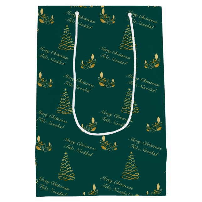Bilingual Green and Golden Christmas Medium Gift Bag (Back)
