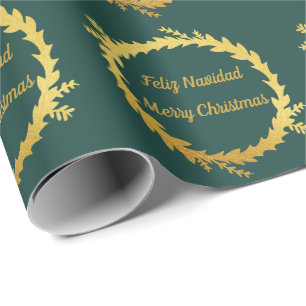 Bilingual Green Golden Feliz Navidad Christmas Wrapping Paper