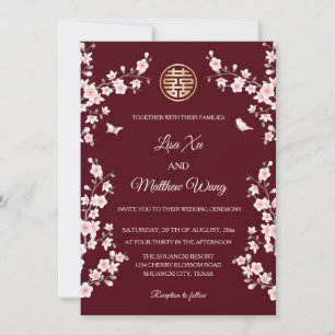 BILINGUAL Maroon Cherry Blossom Chinese Wedding Invitation