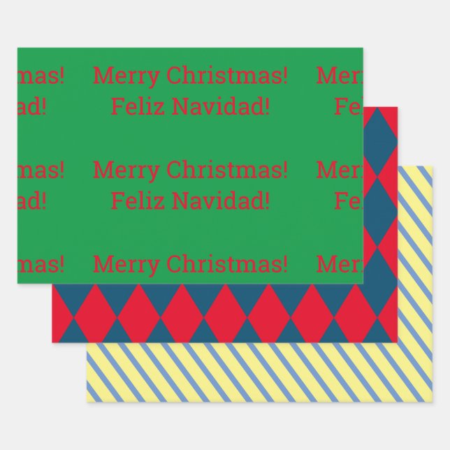 Bilingual "Merry Christmas" Feliz Navidad"  Wrapping Paper Sheets (Set)