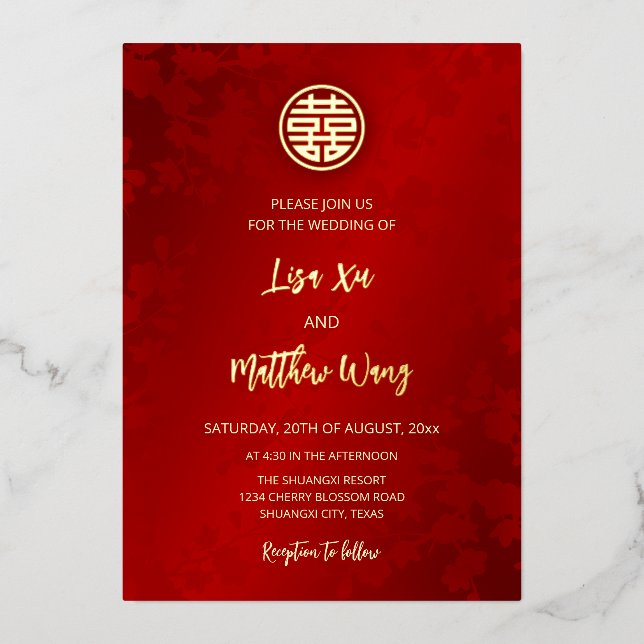 BILINGUAL Modern Red Chinese Wedding Foil Invitation (Front)
