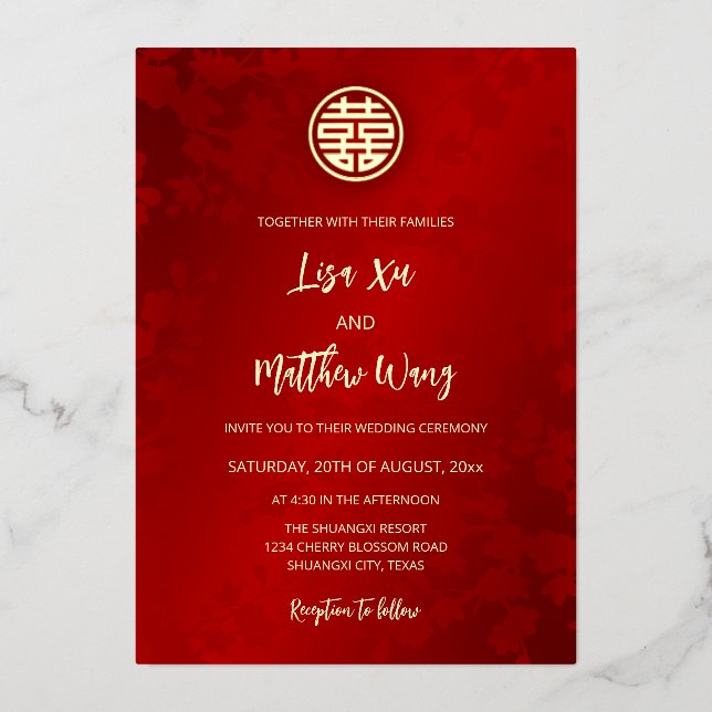 BILINGUAL | Modern Red Chinese Wedding Foil Invitation (Front)