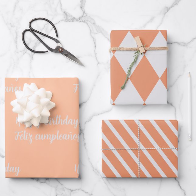 Bilingual Peach Feliz Cumpleaños -Happy Birthday Wrapping Paper Sheets (Front)