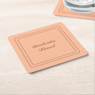 Bilingual Peach Fuzz Spanish Bendecidos Blessed  Square Paper Coaster