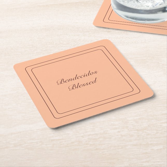 Bilingual Peach Fuzz Spanish Bendecidos Blessed  Square Paper Coaster (Angled)