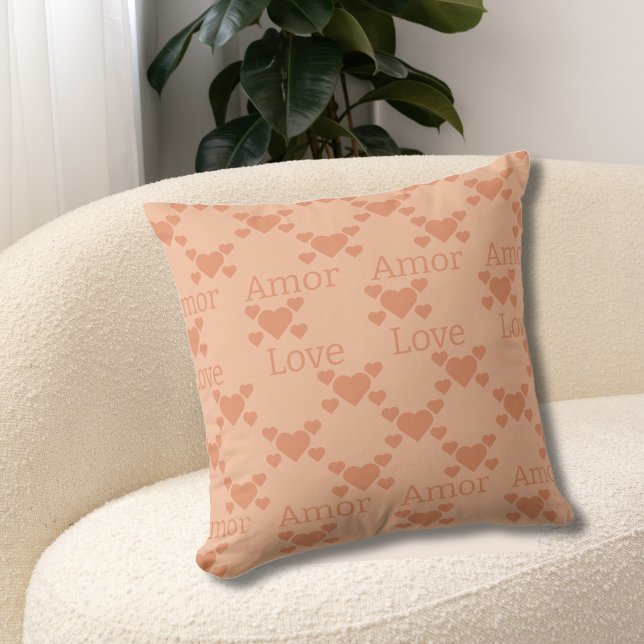 Bilingual Peach Hearts Amor Love Text Throw Pillow (peach heart bilingual pillow. amor-love editable personalized custom text. multilingual project)