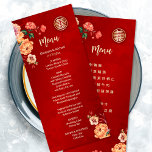 BILINGUAL Peony Chinese Wedding Menu Card<br><div class="desc">This traditional Chinese wedding menu card features red,  orange an neutral peony flowers and a gold double happiness symbol on a shimmering red background. With custom bride and groom names,  the wedding date and a custom menu text. With a custom traditional Chinese text at the backside.</div>