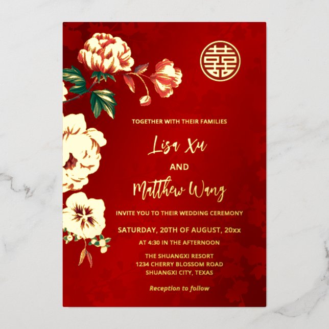 BILINGUAL Peony Flower Gold Chinese Wedding Foil Invitation (Front)