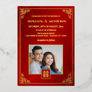 BILINGUAL Photo Red Gold Chinese Wedding Foil Invitation