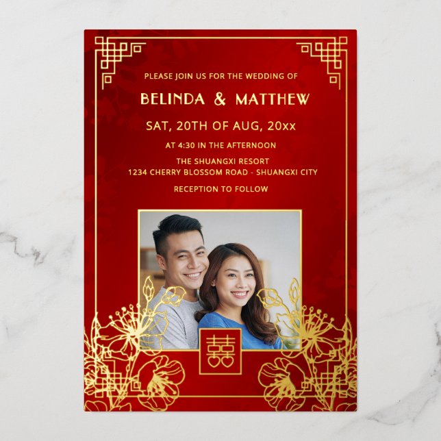 BILINGUAL Photo Red Gold Chinese Wedding Foil Invitation (Front)