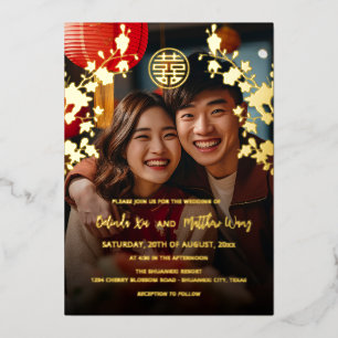 BILINGUAL Photo Red Gold Chinese Wedding Foil Invitation