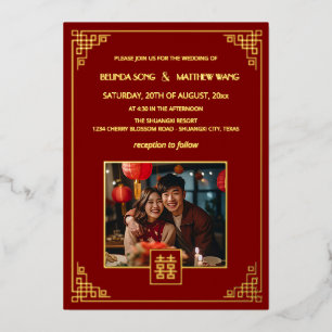 BILINGUAL Photo Red Gold Chinese Wedding Foil Invitation
