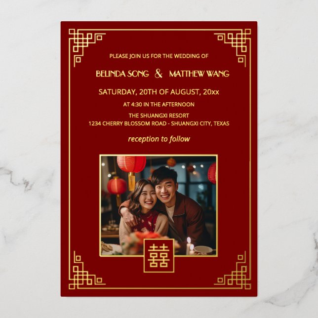 BILINGUAL Photo Red Gold Chinese Wedding Foil Invitation (Front)