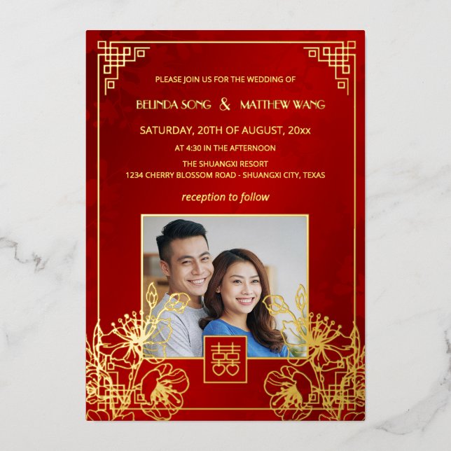 BILINGUAL Photo Red Gold Chinese Wedding Foil Invitation (Front)