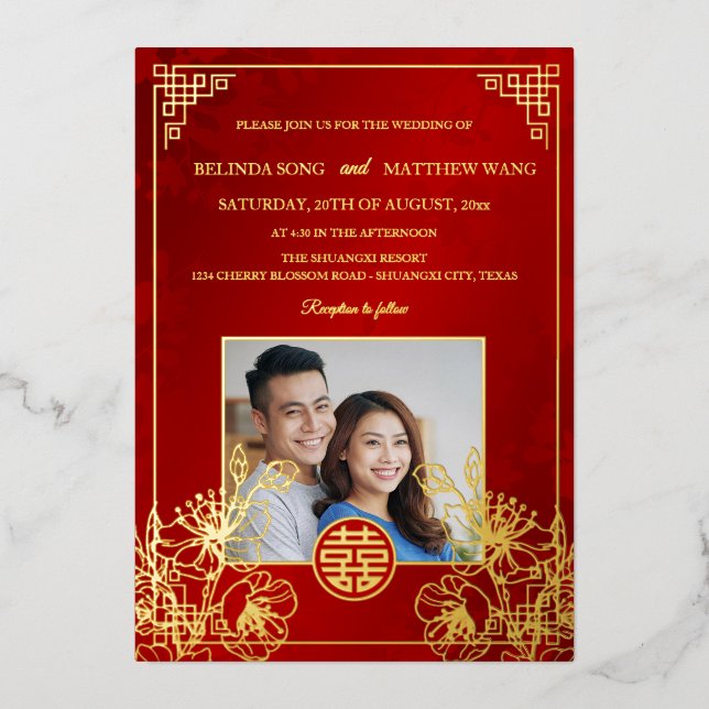 BILINGUAL Photo Red Gold Chinese Wedding Foil Invitation (Front)