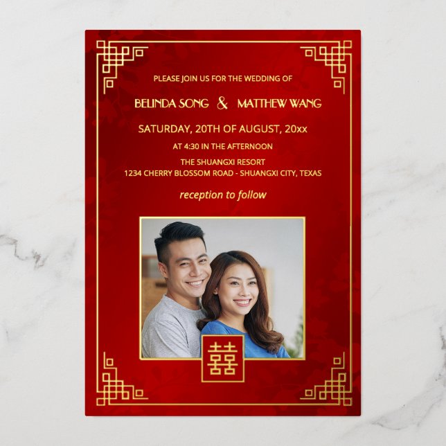BILINGUAL Photo Red Gold Chinese Wedding Foil Invitation (Front)