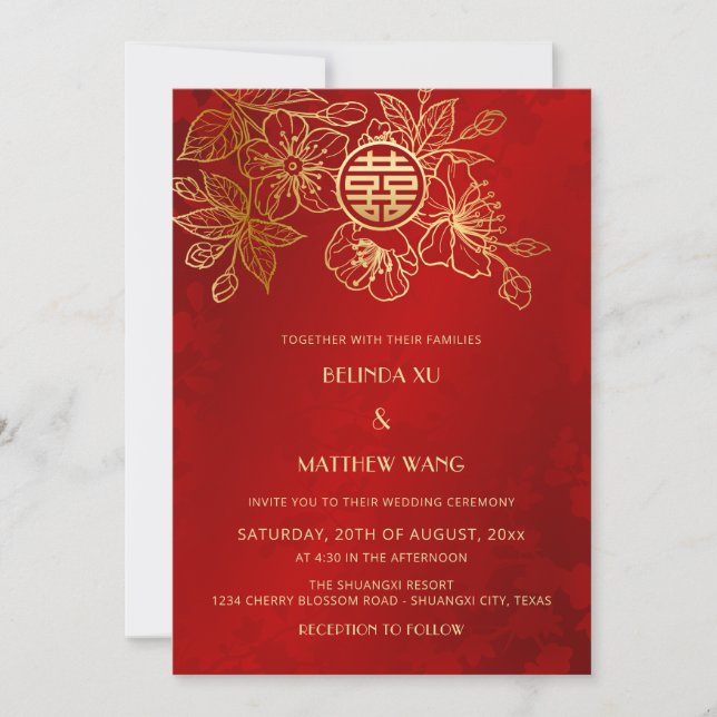BILINGUAL Photo Red Gold Chinese Wedding Invitation (Front)