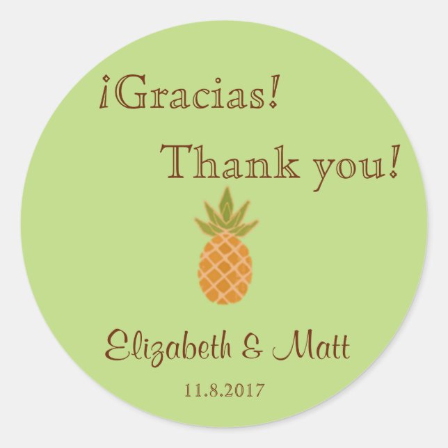 Bilingual Pineapple Wedding Thank You Sticker (Front)