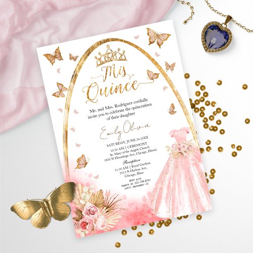 Bilingual Pink Blush Gown Quinceanera Invitation
